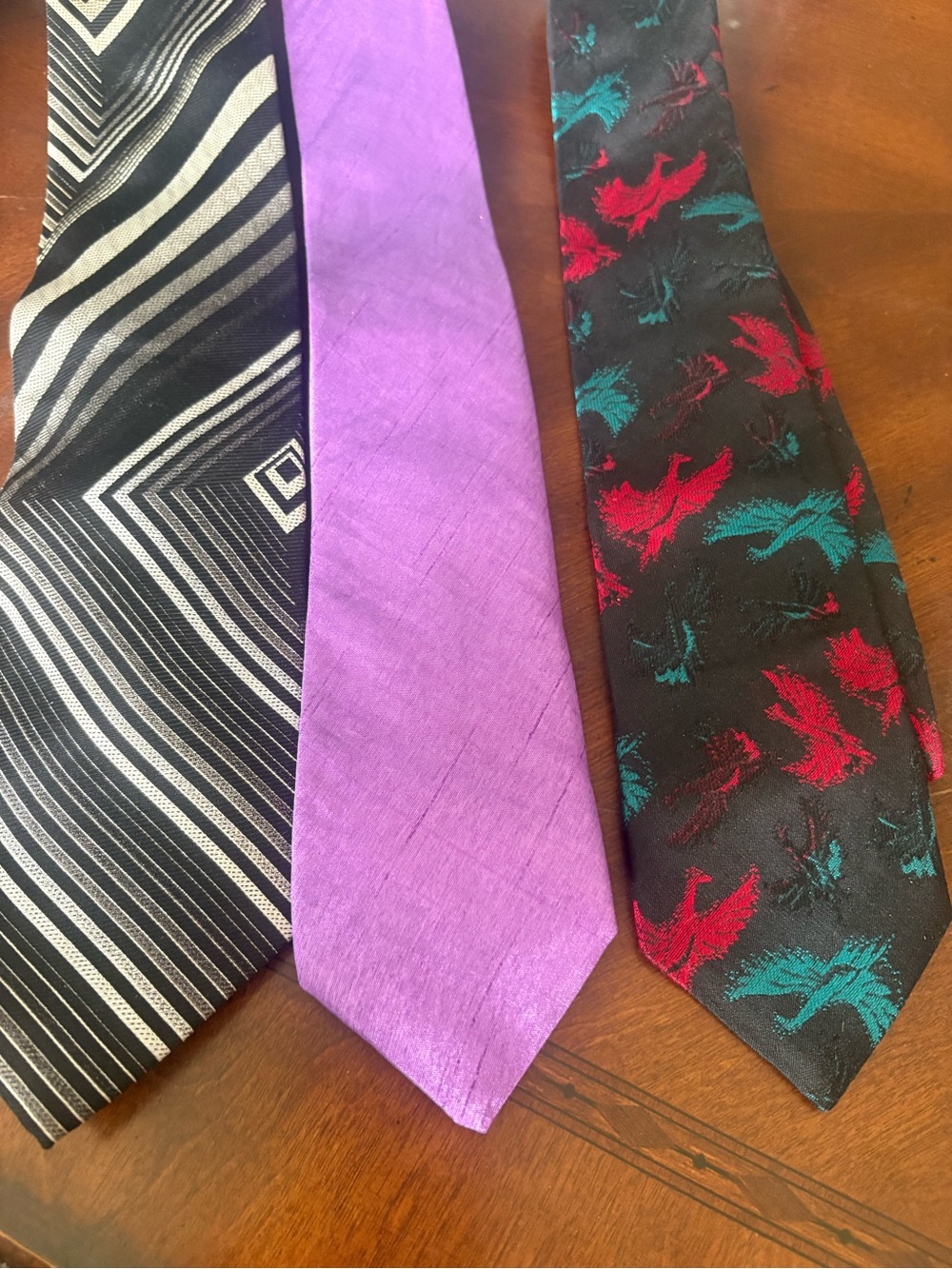 Dior Three-Tie Set — Black Stripe, Purple Solid & Black with Red/Teal Motif